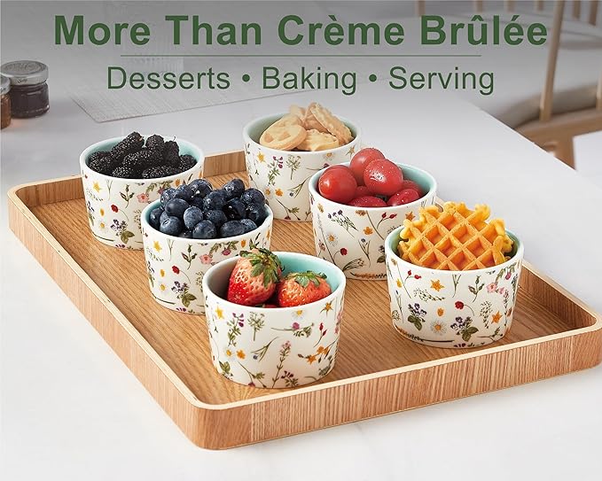 ONEMORE 6 oz Ramekins Oven Safe, Floral Ceramic Ramekin Set of 6 Mint Green Ramekins for Baking & Serving, Creme Brulee Dishes, Custard Pudding Souffle Cups, Small Dessert Bowls for Oven, Air Fryer