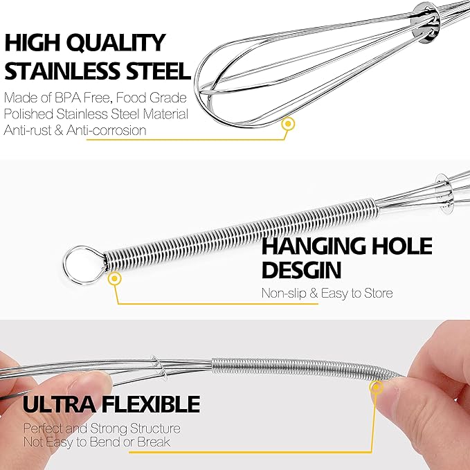 Anaeat Small Wire Whisk Set of 2, Portable Stainless Steel Kitchen Tiny Whisk & Egg Beater with Thick Wire - Sturdy Mini Mixing Balloon for Cooking, Blending, Whiping, Beating and Stirring (6" + 8")