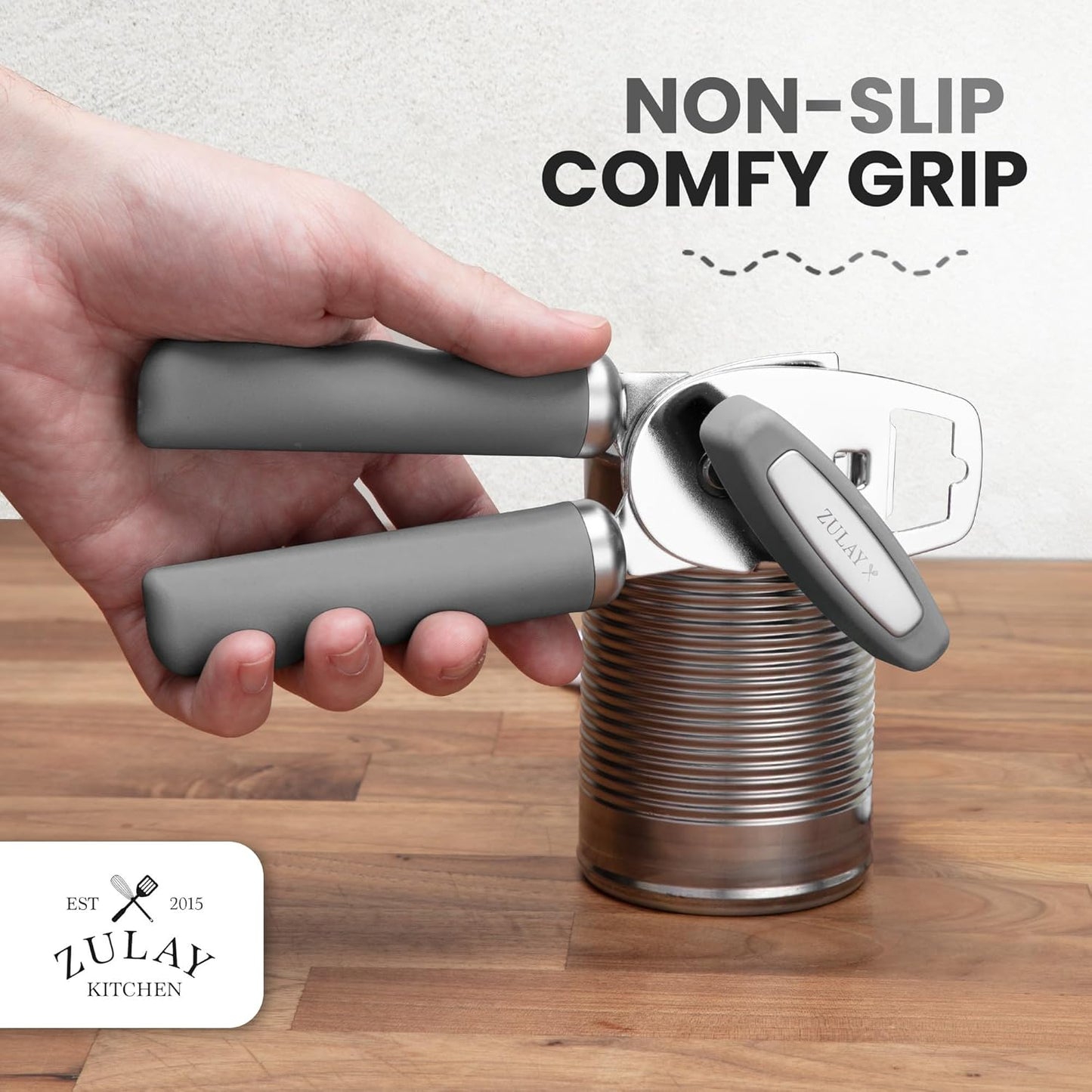 Zulay Kitchen Heavy Duty Stainless Steel Can Opener Manual with Bottle Opener - Rust Proof Manual Can Opener With Turn Knob & Comfy Soft Grip Handles - Light Gray