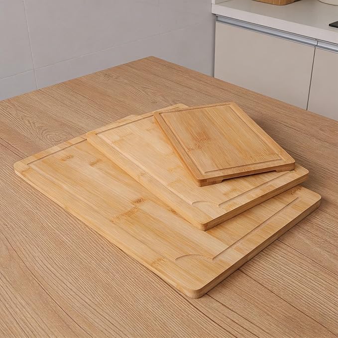 3pcs Wood Chopping Boards Set, Smooth Cutting Boards with Grooves and Inner Handles for Kitchen, Meat Vegetables Fruits