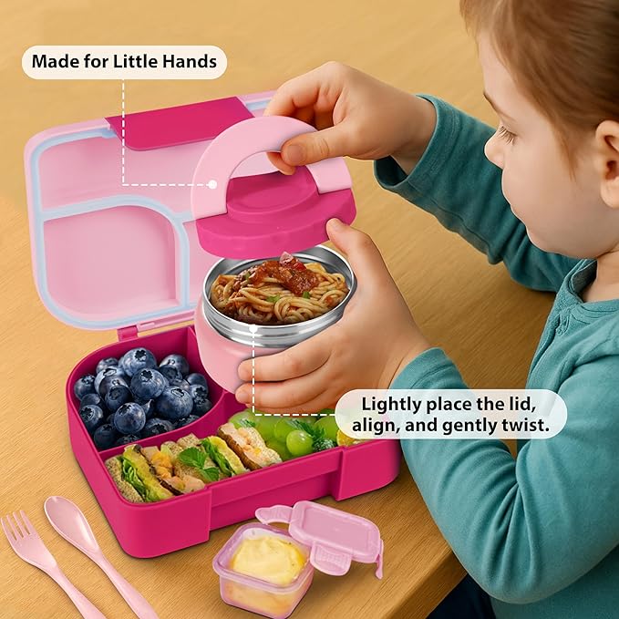 TinyPalsa Bento Box for Kids with 10oz Thermos, Durable Lunch Box with Leak Proof Insulated Food Jar, 3 Compartments with Portable Handle for Ages 3+, Dishwasher Safe, Ideal for School, Travel (Pink)