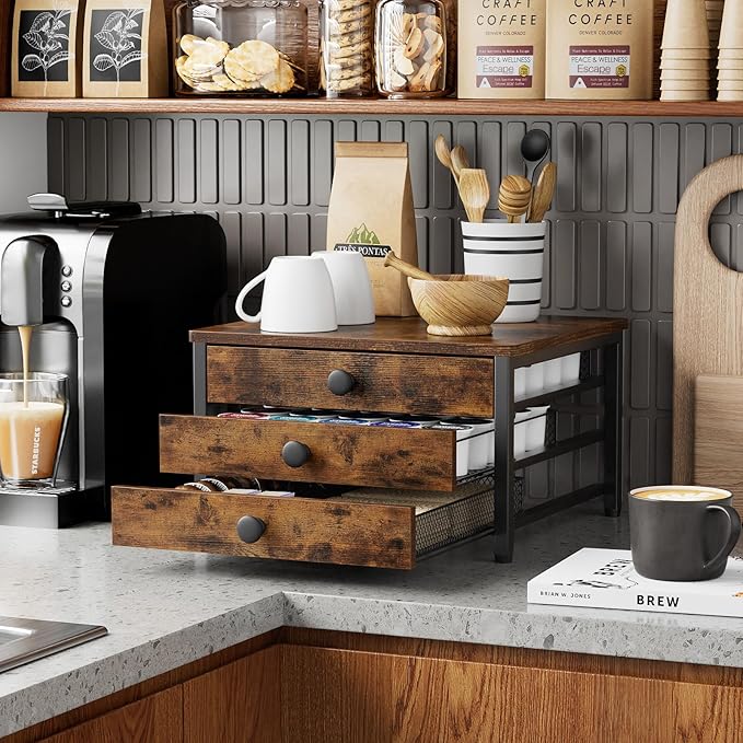 Coffee Pod Holder for Countertop, 3 Tier K Cup Holder Drawer, Coffee Bar Organizer 60 Coffee Pods Storage Organizer with Sliding Drawer for Coffee Station