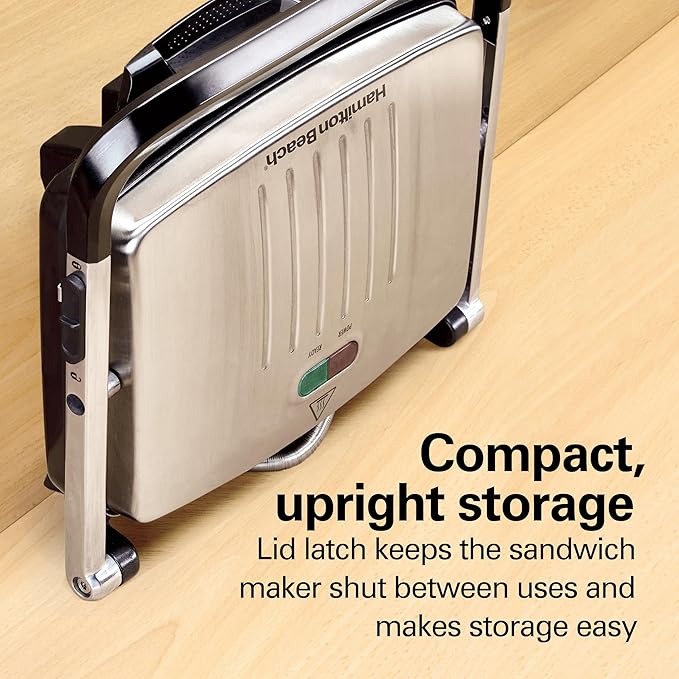 Hamilton Beach Panini Press, Sandwich Maker & Electric Indoor Grill, Upright Storage, PFAS-Free Nonstick Easy Clean Grids, Stainless Steel (25410)