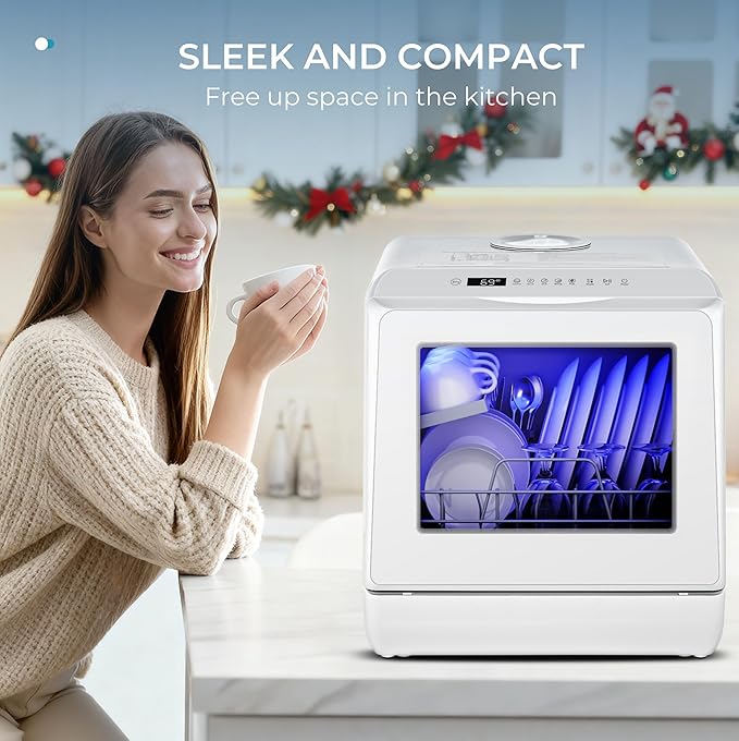 EUHOMY Countertop Dishwasher Portable with 6 Programs, 5L Built-in Water Tank for Apartments, 167℉ High-Temp, No Hookup Needed, Mini Dishwasher with Baby Care, Air Dry/Quick/ECO/Fruit/Normal, White