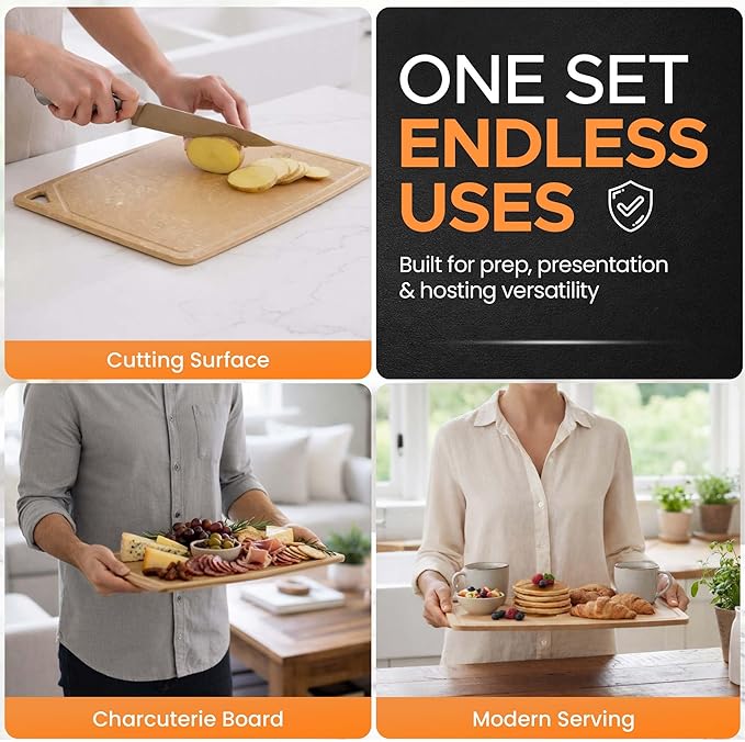 Composite Wood Cutting Board Set of 3 – Dishwasher Safe, Non-Toxic & Plastic-Free Cutting Boards for Kitchen – Large, Medium & Small Non-Slip Wood Charcuterie & Chopping Boards (Tan/Juice)