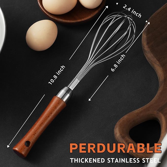 Stainless Steel Wire Whisk - Wooden Handle Kitchen Whisk - Balloon Whisk Egg Beater for Stirring Whisking Blending Mixing Egg Gravy Cake Batter Flour or Sauces.