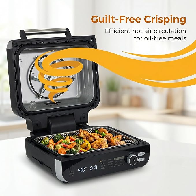 NEWBULIG Electric Grill Outdoor, Electric 8-in-1 BBQ Grills with Air Fryer, Roast, Steak, Broil, Bake, Vegetables, Reheat, Dehydrate, 140°F-450°F, 1550W, for Barbecue, Camping Gatherings