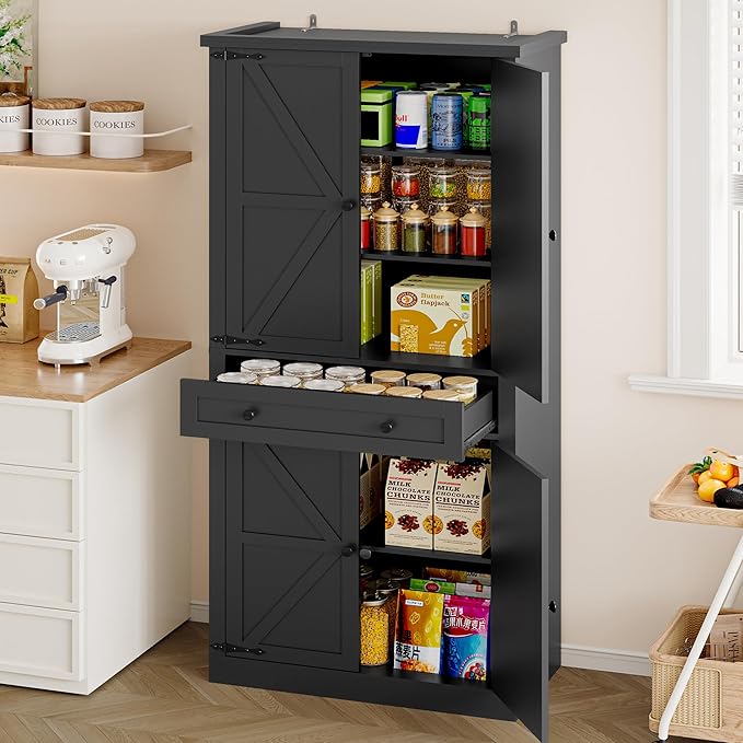 Pantry Organizers and Storage Cabinet, 70” Barn Door White Kitchen Cabinet with Drawers and Adjustable Shelf, Tall Pantry for Kitchen, Dining Room, Living Room Bedroom