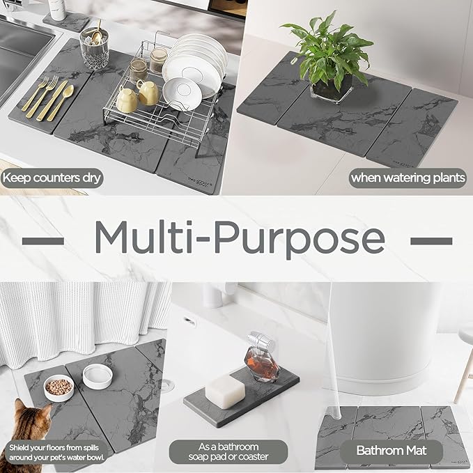 2PCS Stone Drying Mat for Kitchen Counter, Dark Gray with Black Veins Large Stone Dish Drying Mat - Diatomite Earth Water Absorbing Drying Stone for Kitchen Counter Mat, Quick Dry Stone Mat Kitchen
