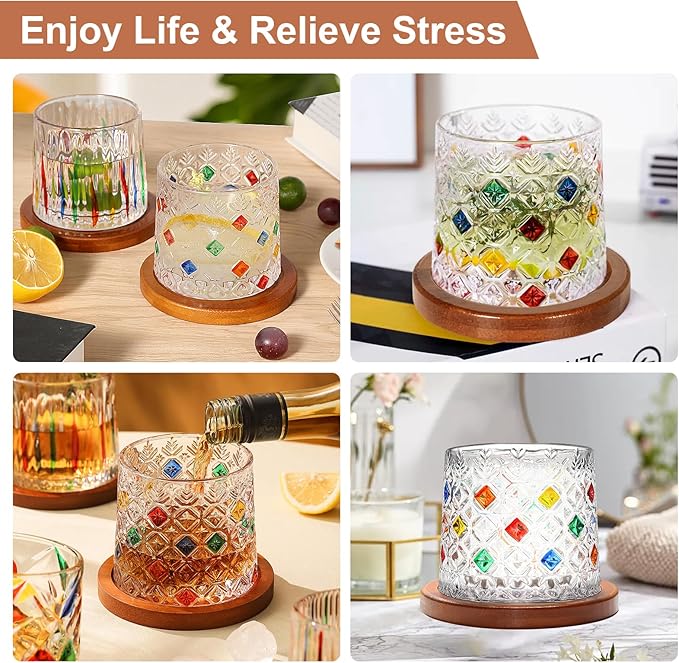 Rotatable Old Fashioned Glass Cup, 10oz/275ml Crystal Whiskey Glass, Wood Coaster, Thickening, Used as Rum Glass, Cocktail Cup, Coffee, Milk to Relax and Reduce Stress, Ideal Gift, Christmas gifts