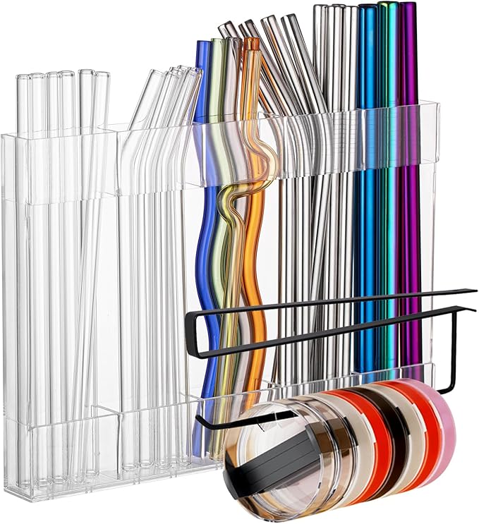 Kitchen Cabinet Straw Holder: Acrylic Organizer and Hanging Lid Rack with Adhesive for Door – Cup Tumbler Accessories Storage Set