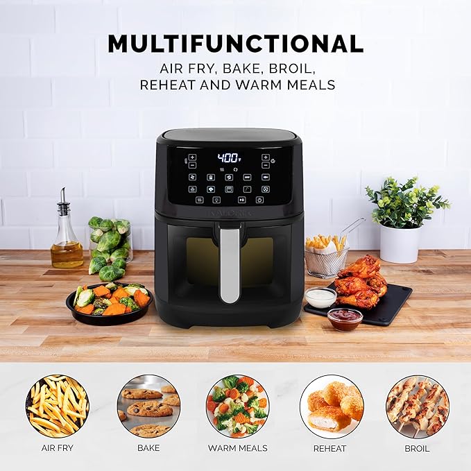 Kalorik Air Fryer 7 Quart Capacity with Touchscreen Controls 10 Cooking Presets in 12 Food Categories with Large Illuminated View Window and Nonstick Basket & Trivet, 1500-Watts, Black