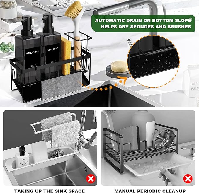 GMISUN Dish Soap Dispenser for Kitchen, 12 fl oz / 350 ml Dual Kitchen Soap Dispensers with Sponge Holder, Transparent Black Glass Kitchen Soap Dispenser Set, Modern Hand and Dish Soap Bottle Set