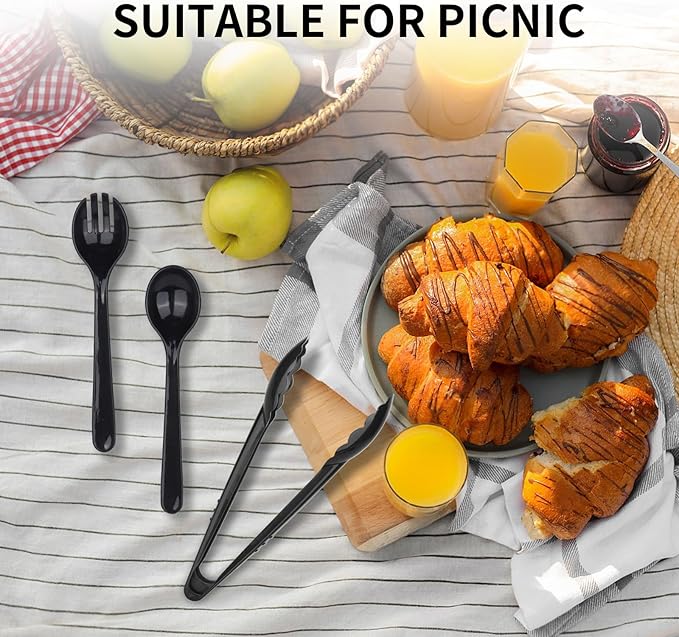 36 PCS Disposable Serving Utensils for Party - 12 Set Including Black Plastic Spoons, Tongs and Forks