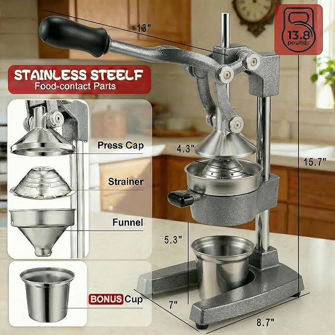 Cast Iron Juicer Hand Press - 13.8LB Heavy Duty Manual Citrus Orange Squeezer, 304 Stainless Steel Cup & Strainer, Professional Lemon Grapefruit Pomegranate Press for Home Bar Kitchen, Grey