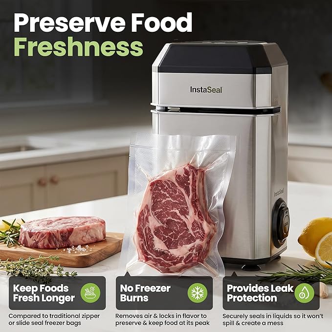 InstaSeal Vacuum Sealer for Food with 12 Bags, Preserves Foods 5x Longer, Space Saving Compact Upright Design Allows Machine to Seal Marinades, Soups, Meats for Sous Vide Cooking, Vegetables