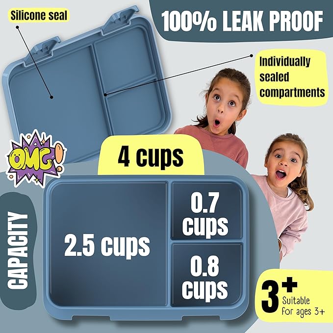 BEARFOOT Kids Lunch Box with Compartments – Compact & Lightweight | Leak-Proof, BPA-Free, Dishwasher & Microwave Safe | Hand-Drawn Design for Preschool, School, Travel (Dog & Cat Blue, 4 Cups)