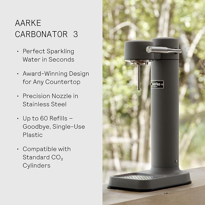 Aarke Carbonator lll, Sparkling & Carbonation Water Machine, Stainless Steel with PET BPA-Free Reusable Bottle Volume 1L/34 fl oz (Matte Grey)