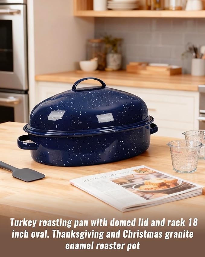 Roasting Pan with Lid and Rack 18" Deep Large Oval Enamel Roaster Pan, Oven Dishwasher Safe Non-Stick Non-Toxic Baking Pan for Chicken Turkey Ham Steak Roasts & Bread Birthday Mothers Day Gift
