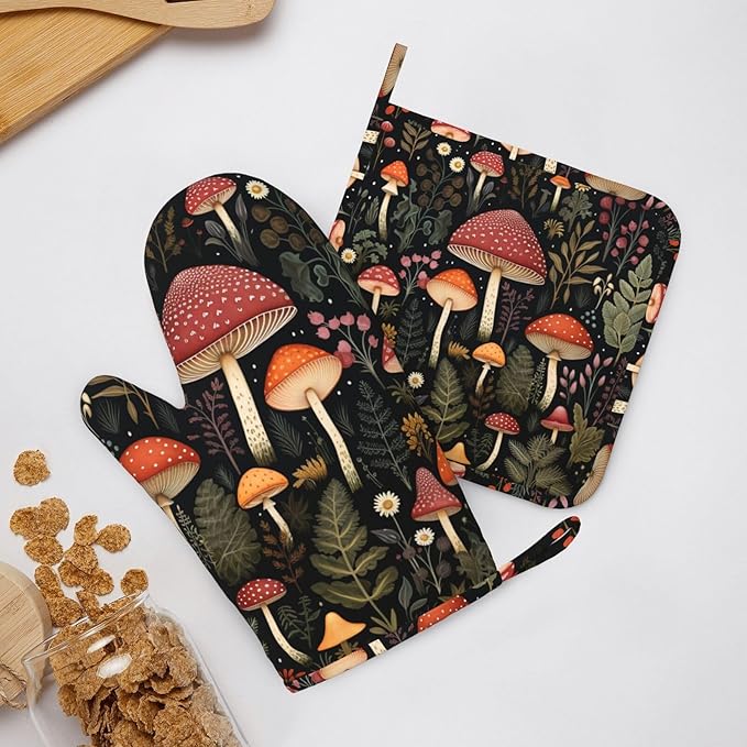 Oven Mitts and Pot Holders Mushroom Botanical Leaf Vintage Silicone Kitchen Accessories Set of 4 Heat Resistant Long Gloves Potholder Non-Slip Grip for Chef Cooking Baking Grilling BBQ