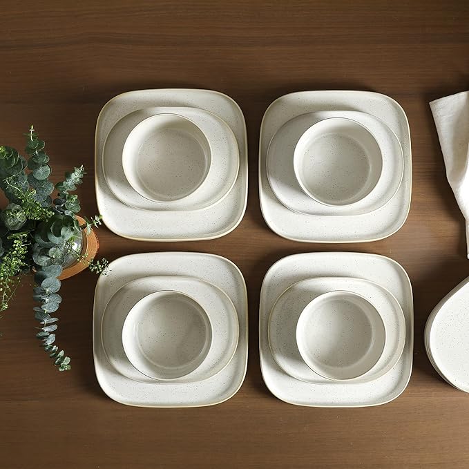 Stone Lain Cairo 12-Piece Dinnerware Set Stoneware, Plates and Bowls Set, Microwave and Dishwasher Safe, Includes Dinner and Salad Plates, Cereal Bowls, Dish for 4, White Speckled