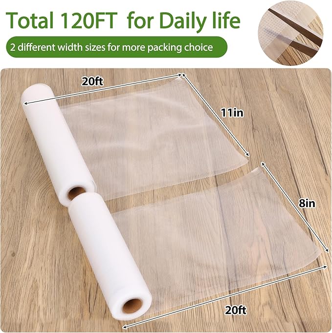 Moretoes Vacuum Sealer Bags for Food, 6 Pack 3 Rolls 11" x 20' and 3 Rolls 8" x 20' Food Saver Bags, Commercial Grade Bag Rolls, BPA Free, Customized Size Bag for Sous Vide Cooking or Meal Prep
