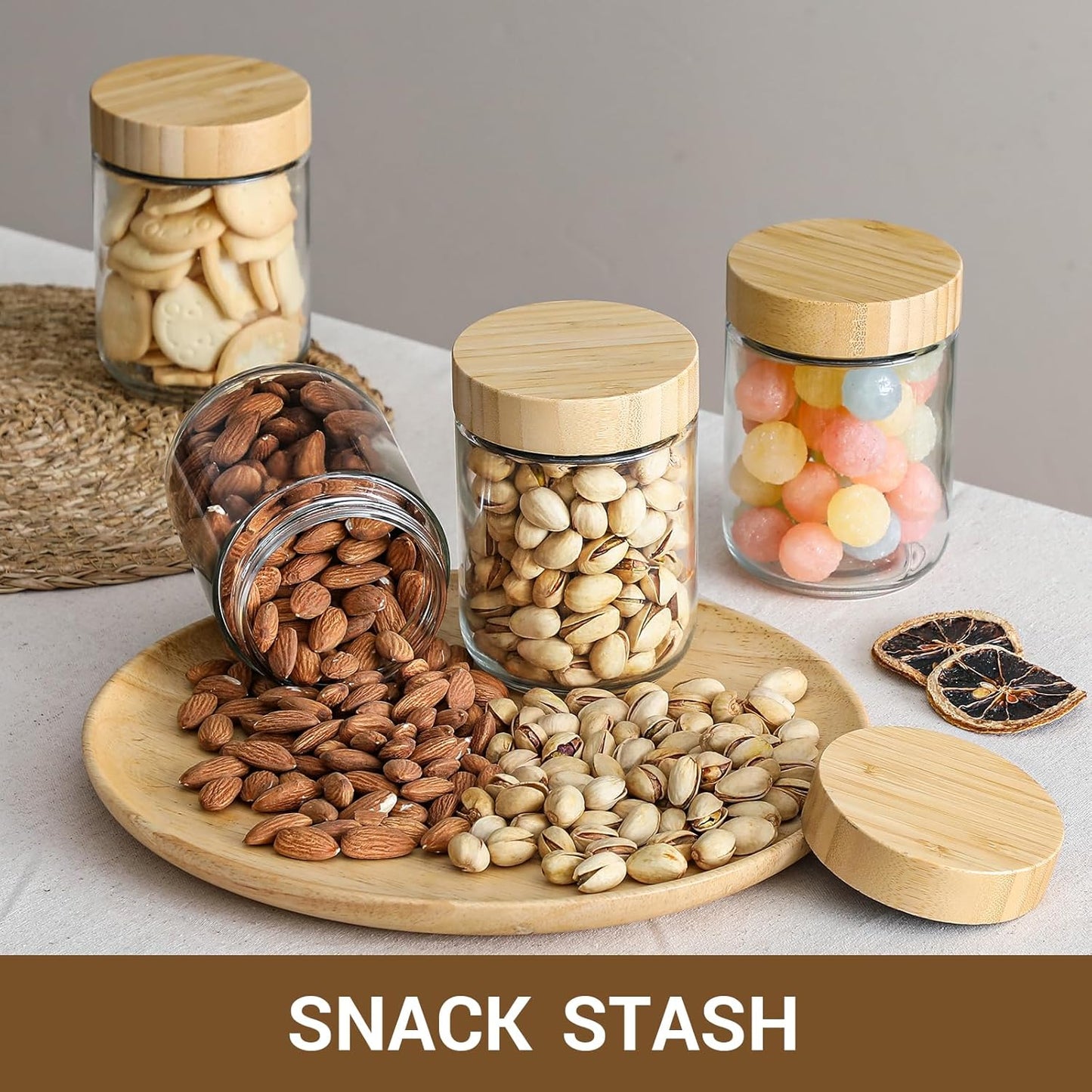 NETANY 6-pack 16oz Glass jars with Airtight Lids, Overnight Oats Containers with Bamboo Lids, Wide mouth Mason Salad jars, Glass Food Storage Containers for Snacks Yogurt Spice Sugar