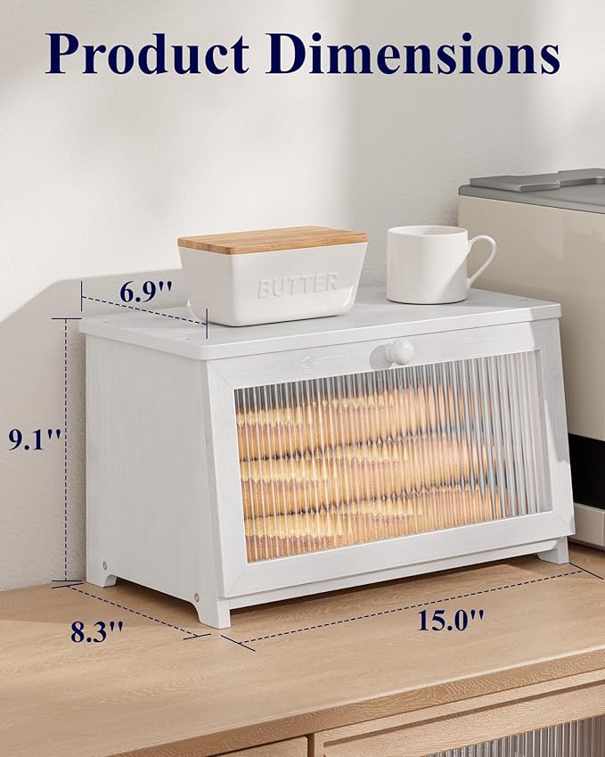 Kitsure Bread Box - Wooden Bread Box for Kitchen Countertop, Large Capacity Kitchen Countertop Organizer, Stylish Bread Storage with Window, Multi-functional Container, White, 15.0"x8.3"x9.1" (1T)
