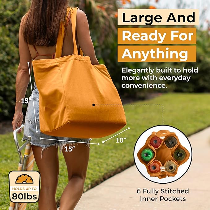 VeraMia Canvas Grocery Bag 3pc XL Set with Real Pockets, Long Shoulder Strap and Short Handle. Heavy Duty, Foldable, Washable
