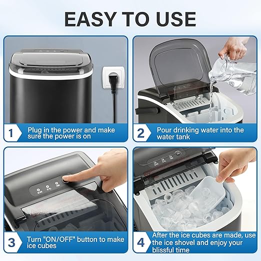 Simple Deluxe Ice Maker for Countertop, Self-Cleaning, Portable Ice Machine with Scoop and Basket, 26lbs Ice/24Hrs, 6 Mins 9 Bullet Ice, 13.7lbs, for Home Kitchen Office, Black
