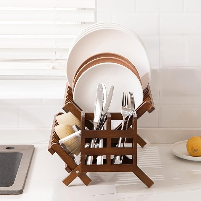 HBlife Dish Rack,Teak Folding 2-Tier Collapsible Drainer Dish Drying Rack with Utensils Flatware Holder Set (Dish Rack with Utensil Holder)