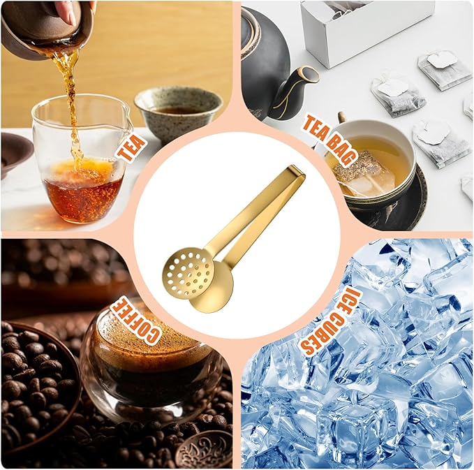 Tea Bag Squeezer, Stainless Steel Tea Tongs, Teabag Filter, Dispenser Accessories for Teas Drinkers, Durable Round Strainer Gripper Picker (Gold)