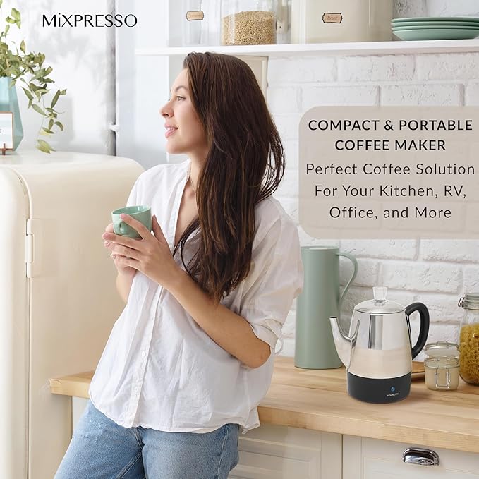 Mixpresso Small Electric Percolator Coffee Pot 4 Cup Stainless Steel - Coffee Percolator Electric with Keep Warm Function - Auto Shut-Off for Safe Daily Brewing