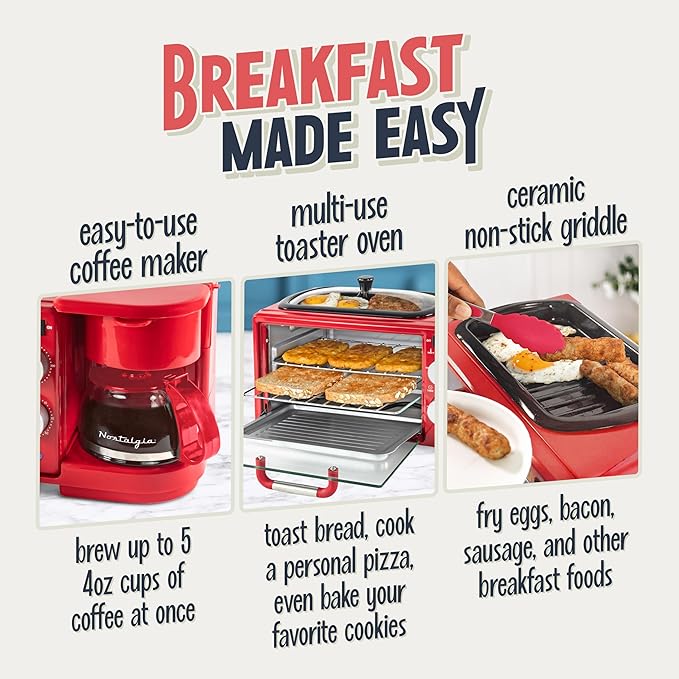 Nostalgia 3-in-1 Retro Breakfast Station - Includes 5 Cup Coffee Maker, Non-Stick Ceramic Griddle, and 4-Slice Toaster Oven - Built-In Timer, Reusable Coffee Filter, Space-Saving Design - Red