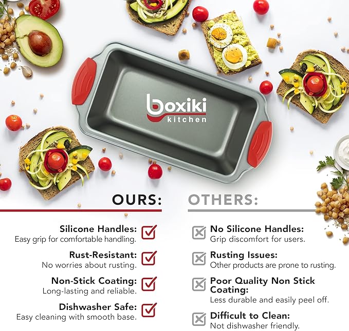 Boxiki Kitchen Premium Baking Set: Non-Stick Steel Jumbo 6 Cup Muffin Pan with Silicone Handles & Reusable Liners + Non-Stick Steel Banana Bread Pan with Easy-Grip Silicone Handles.
