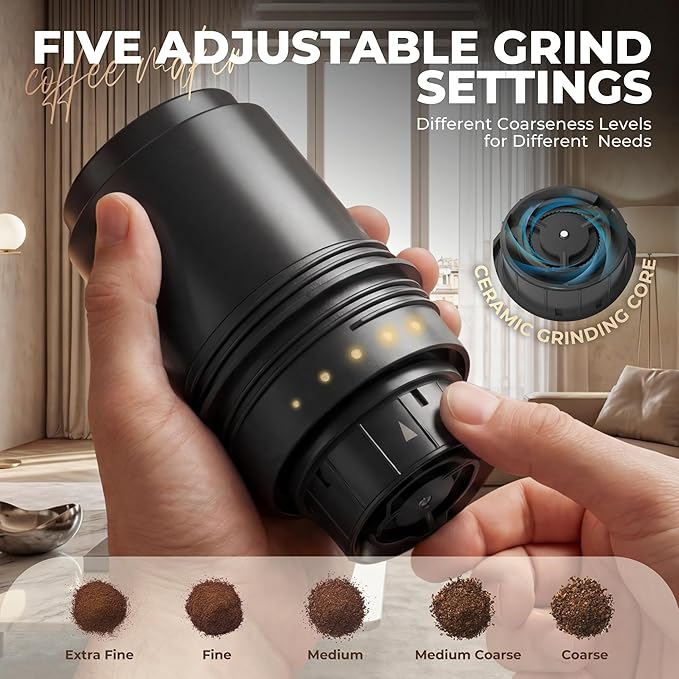 HAUSHOF Portable Coffee Maker, Travel Coffee Maker Battery Operated Small Pour Over Set, Compact Coffee Maker with Electric Grinder & Insulated Mug for Travel, Camping, Car