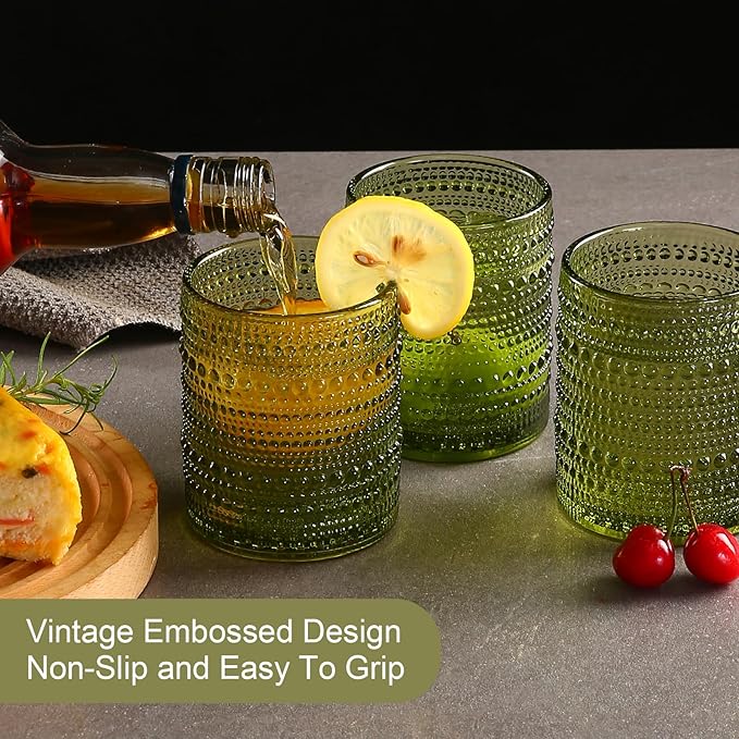 ZMOWIPDL Vintage Glassware Drinking Glasses Set of 6,12 oz Hobnail Glass Cups,Embossed Green Water Tumbler,for Beer,Cocktail,Whiskey,Juice and Various Mixed Drinks- 1 Cleaning Brush