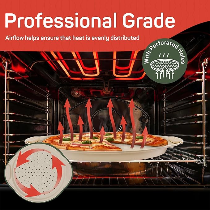 Non-Stick Pizza Pan with Silicone Handle 1 Pack, 13 Inch Round Carbon Steel Tray with Perforated Holes, Dishwasher & Oven Safe Up To 450°F, PFOAPFOSPTFE Free, Durable Nonstick White Marble Coating