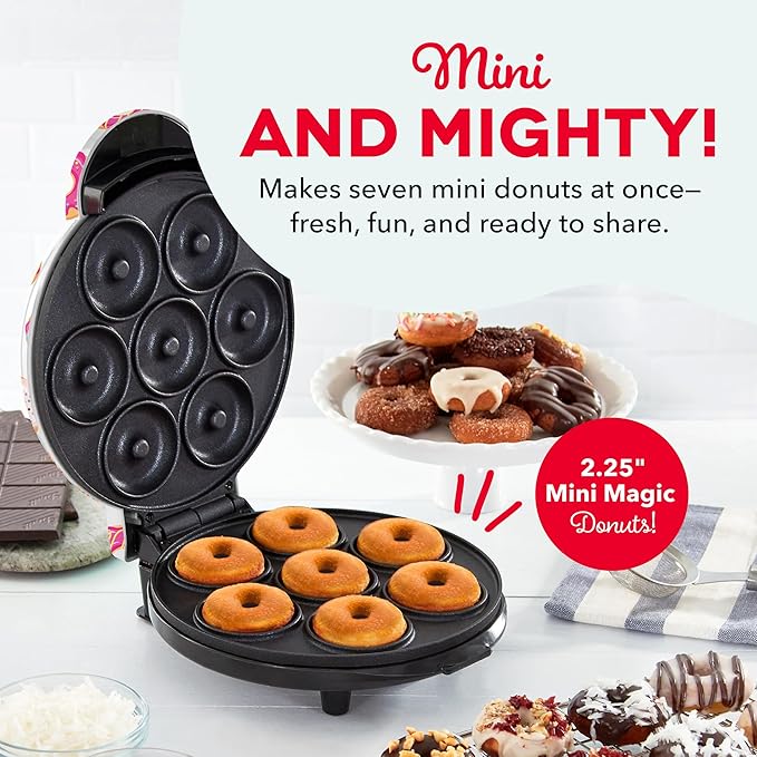 Dash Mini Donut Maker Machine for Kid-Friendly Breakfast, Snacks, Desserts & More with Non-stick Surface, Makes 7 Doughnuts, Donut Print