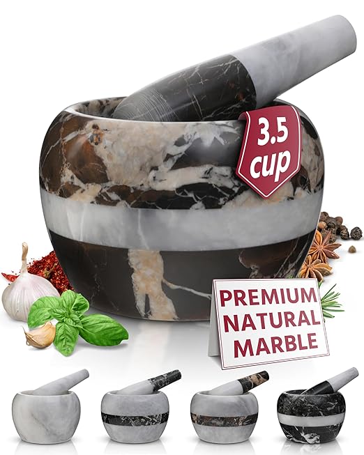 Gusto Nostro Natural Marble Mortar and Pestle Set | 6 Inch - 3.5 Cup Extra Large Mortar Pestle Set for Grinding Herbs, Nuts, Grains | Pesto Grinding and Guacamole Stone Bowl | Marble Spice Crusher