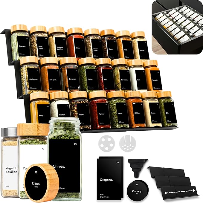 KIVY Drawer Spice Organizer + 24 Jars & 240 Labels - Seasoning Rack for Organization - Kitchen Drawer Insert for Spice Jars - Glass Seasoning Jars with Airtight Lids - Glass Spice Jars with Label