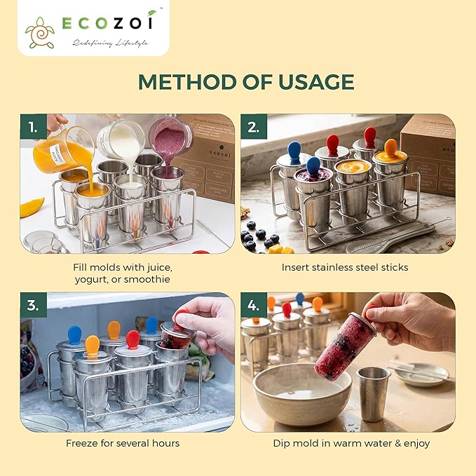 Ecozoi Stainless Steel Popsicle Molds, 6 Ice Popsicle Makers, 6 Stainless Steel Sticks, 12 Silicone Seals and 1 Coconut Cleaning Brush, Eco Popsicle Molds for Kids and Adults, 4 oz Per Mold (Round)