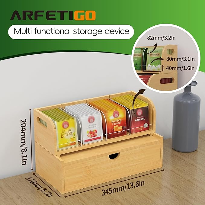 Bamboo Tea Organizer – Stackable Collection (1Tier w/Drawer）