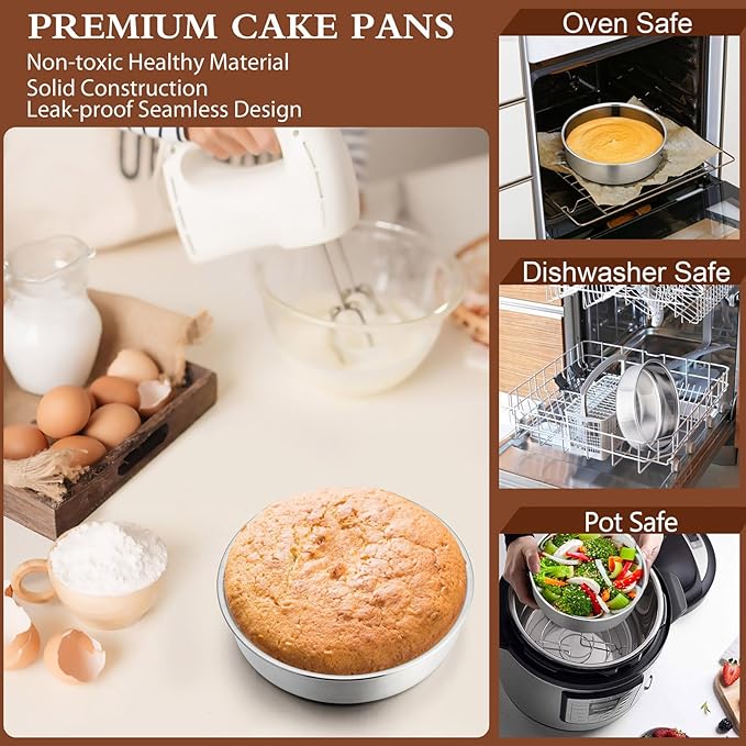 P&P CHEF Cake Pan Set of 4, Stainless Steel Baking Round Cake Pans Tins Bakeware for Birthday Wedding, Leak-proof & Easy Clean, Mirror Finish & Easy Releasing, 6 Inch