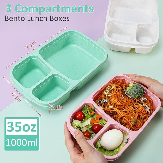 Caperci Wheat Straw Bento Lunch Box Containers for Adults & Kids - 3-Compartment Reusable Meal Prep Containers for School, Work, Travel, Set of 4 (Multicolor & Clear Lids)