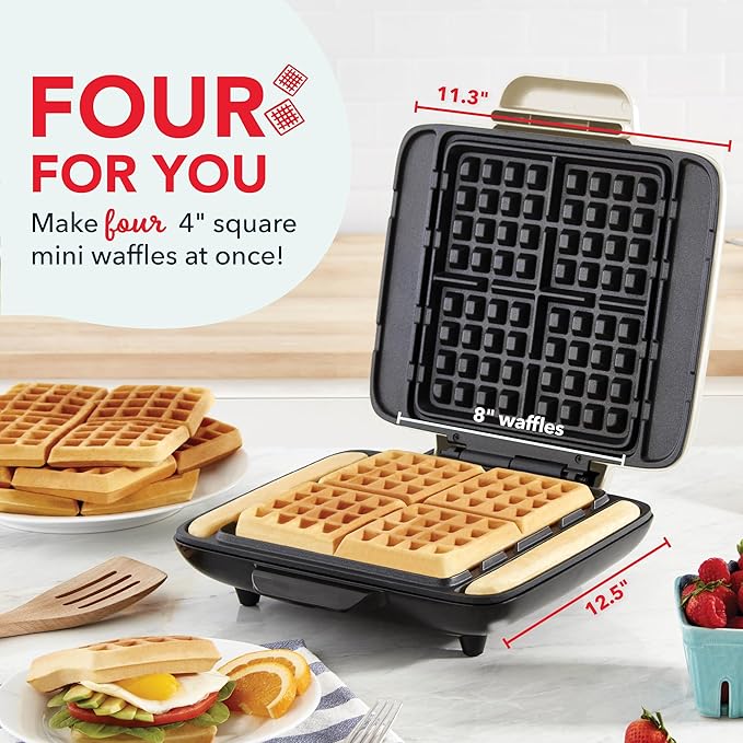 DASH No-Drip Waffle Maker - Four Waffle Molds, Nonstick Waffle Iron with Quick Heat-Up, Nonstick Surface - Perfect Waffle Maker for Kids and Families, Just Add Batter