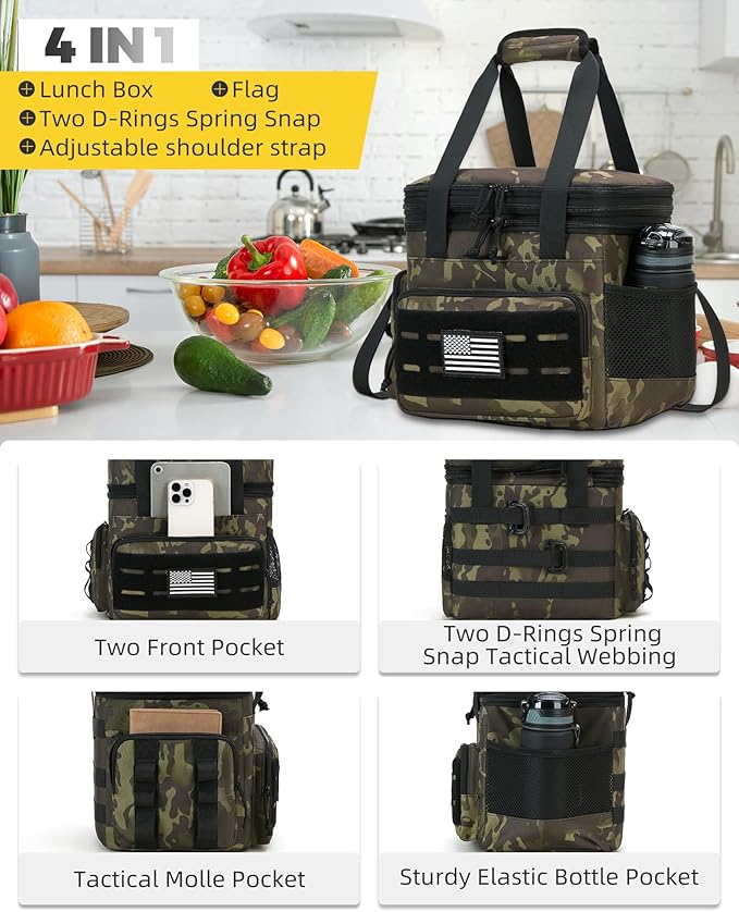 holuxer Tactical Lunch Bag & Lunch Box for Men - Large Double Deck Expandable Insulated Soft Adult Lunchbox for Work - Cooler Bag for Beach, Picnic, Camping,Outdoor，Travel (Camo,16L)