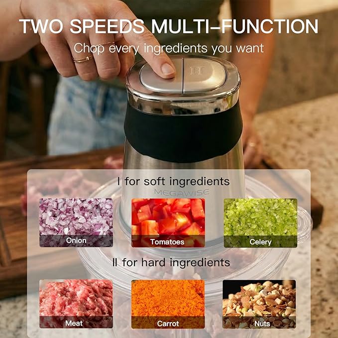 MEGAWISE Electric Food Chopper 800W, Dual-Speed Meat Grinder with1.2L 304# Stainless Steel Bowl & 2.2L Glass Bowl, BPA-Free Food Processor for Meat, Vegetables, and Nuts