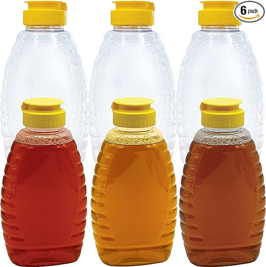 Easy-Squeeze 6 Pk 12 Oz Empty Honey Bottles. BPA-Free Food-Safe PET Plastic Honey Dispenser. Flip-Top Refillable Syrup Container. Great for Storing and Serving BBQ, Pasta Sauces or Salad Dressings.