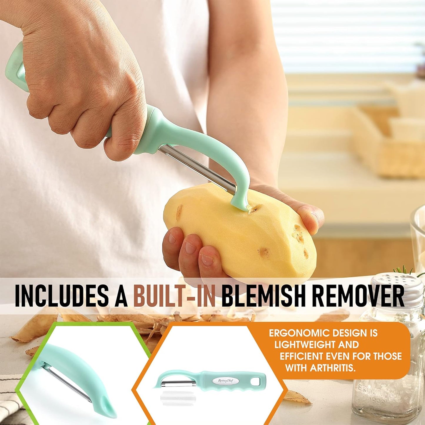 Spring Chef Premium Stainless Steel Vegetable Peeler, Dishwasher Safe Potato Peelers for Kitchen with Soft Grip Handle, Perfect for Apple, Fruit, Veggie, Carrot, Cucumber, Ginger - Set of 2 - Mint